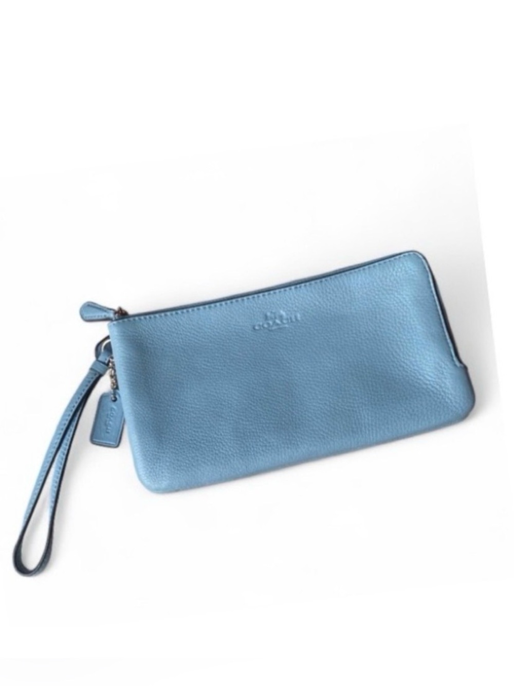Coach Double Zip Phone Wristlet Wallet F54056 Cornflower Blue Pebbled Leather